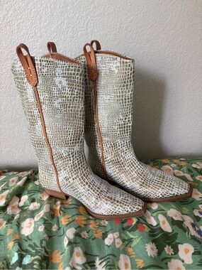 We The Free White Croc-Embossed Western Boots with Tan Trim